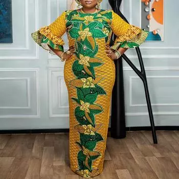 Женские платья больших размеров с круглым вырезом, расклешенные, с длинным рукавом, с принтом M жёлтый