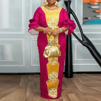 Женские платья больших размеров с круглым вырезом и коротким рукавом с оборками и принтом M зелёный