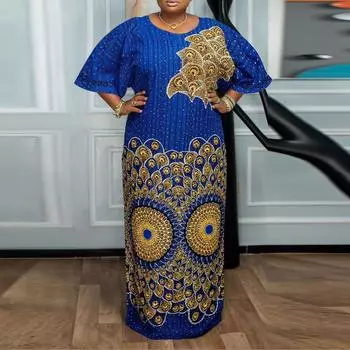 Женские платья больших размеров с круглым вырезом и рукавами средней длины с принтом M синий