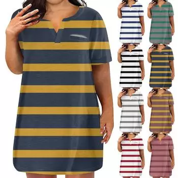 Женские платья больших размеров с V-образным вырезом и коротким рукавом, летнее повседневное платье с принтом, туника с карманом L чёрный