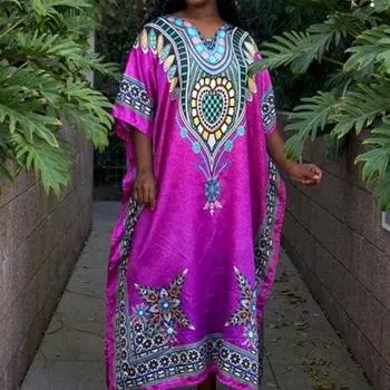 Женские платья больших размеров с цветочным принтом и рукавами средней длины M фиолетовый