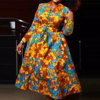 Женские платья больших размеров с цветочным принтом и длинным рукавом на талии S красный