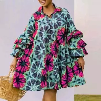 Женские платья больших размеров с круглым вырезом, цветочным принтом, многослойными оборками и длинными рукавами S зелёный