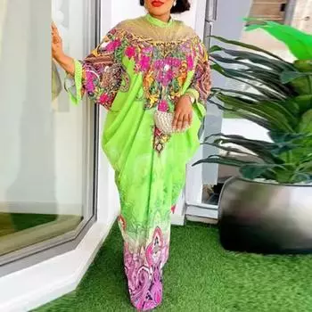 Женские платья больших размеров с круглым вырезом и длинными рукавами с принтом M жёлтый