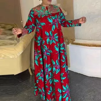 Женские платья больших размеров с круглым вырезом и длинным рукавом с цветочным принтом S зелёный