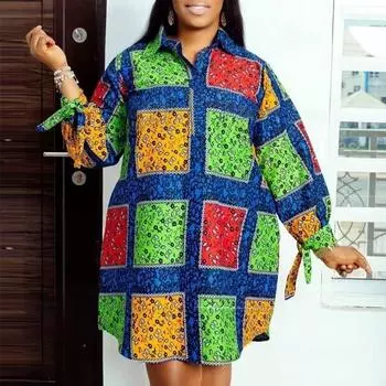 Женские платья больших размеров с воротником-стойкой и длинным рукавом с принтом M синий