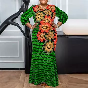 Женские платья больших размеров с круглым вырезом и длинным рукавом с принтом M зелёный