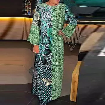 Женские платья больших размеров с круглым вырезом и длинным рукавом с цветочным принтом S зелёный