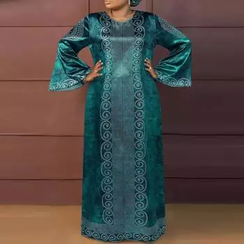 Женские платья больших размеров с круглым вырезом и длинным рукавом с принтом S зелёный