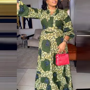 Женские платья больших размеров с V-образным вырезом и длинным рукавом с принтом M зелёный