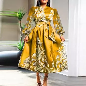 Женские платья больших размеров с воротником-стойкой и принтом из сатина с длинным рукавом S жёлтый