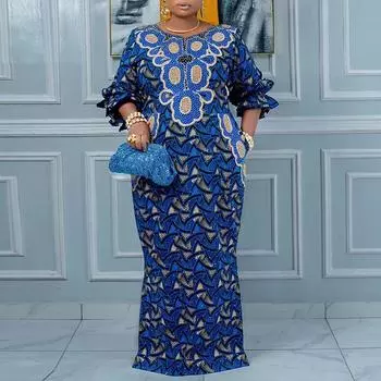 Женские платья больших размеров с круглым вырезом и коротким рукавом с принтом M синий