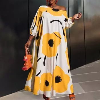 Женские платья больших размеров с открытыми плечами и цветочным принтом, рукав 3/4 M оранжевый