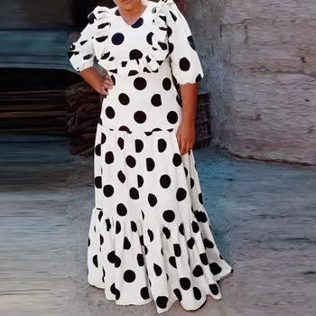 Женские платья больших размеров с оборками, круглым вырезом и рукавами средней длины в горошек M белый
