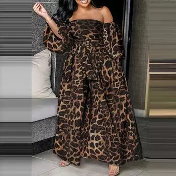 Женские платья больших размеров с открытыми плечами и леопардовым принтом, рукав 3/4 M коричневый