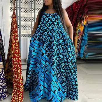 Женские платья больших размеров с открытыми плечами и без рукавов с принтом M синий