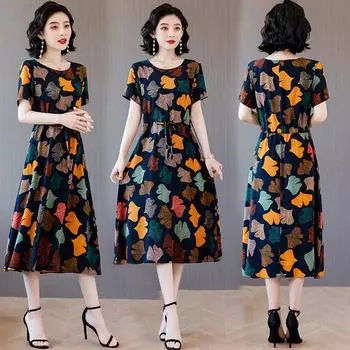 Женские платья больших размеров с круглым вырезом и коротким рукавом с цветочным принтом, длинные пляжные платья на весну и лето 6XL