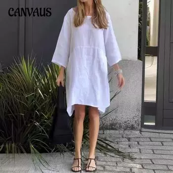 Женские платья больших размеров, симпатичные однотонные, свободные, повседневные, с карманами S белый