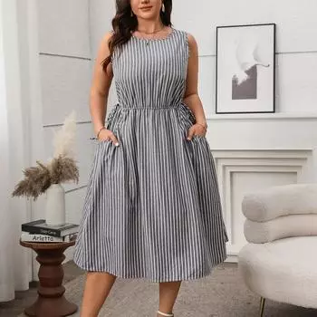 Женские платья больших размеров в стиле casual с широкими рукавами и карманами с круглым вырезом XL