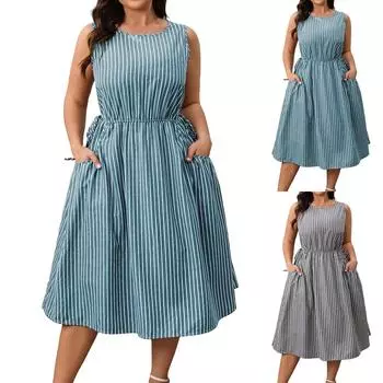 Женские платья больших размеров в стиле casual с широкими рукавами и карманами с круглым вырезом XL