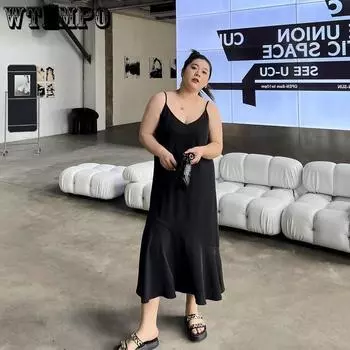 Женские платья большого размера с открытой спиной и лямкой на шее, свободное тонкое черное сексуальное длинное платье с рыбьим хвостом M чёрный