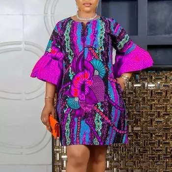 Женские платья большого размера с круглым вырезом и расклешенным рукавом с принтом M фиолетовый