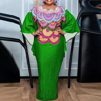 Женские платья большого размера с круглым вырезом и длинным рукавом с принтом M синий