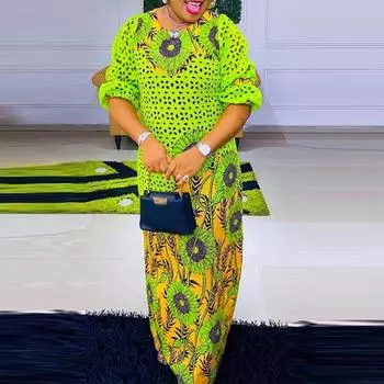 Женские платья большого размера с круглым вырезом и длинным рукавом с оборками и принтом M зелёный