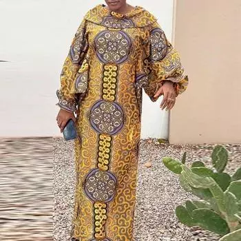 Женские платья большого размера с длинным рукавом и принтом на лацканах S жёлтый