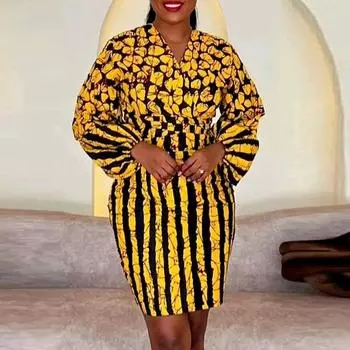 Женские платья большого размера с V-образным вырезом и длинным рукавом с принтом на талии S жёлтый