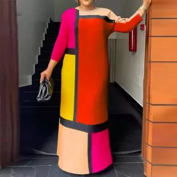 Женские платья большого размера с круглым вырезом и длинным рукавом в стиле колор-блок M синий