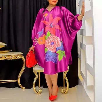 Женские платья большого размера с V-образным вырезом и длинными рукавами с принтом и свободными рукавами M чёрный