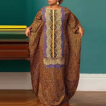 Женские платья большого размера с круглым вырезом и длинным рукавом с принтом 2XL жёлтый