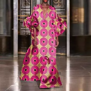 Женские платья большого размера с глубоким V-образным вырезом и длинным рукавом с принтом L синий