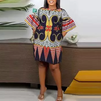 Женские платья большого размера с круглым вырезом и расклешенными рукавами с принтом M чёрный