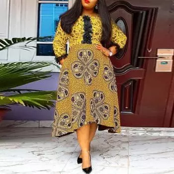 Женские платья большого размера с принтом и кружевом, круглым вырезом и длинным рукавом XL синий