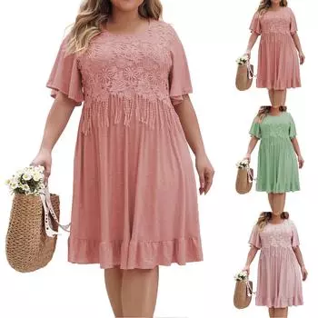 Женские платья большого размера с коротким рукавом и кисточками, однотонные, с круглым вырезом XXXXL