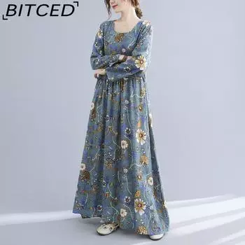 Женские платья большого размера, свободные, удобные, хлопковые, шелковые, с принтом, с длинным рукавом M синий