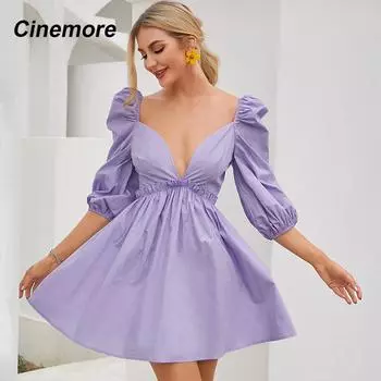 Женские платья Cinemore, сексуальное платье 2022, однотонное платье с рукавами-фонариками и оборкой, женское вечернее платье MM1237-HT