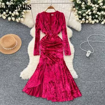 Женские платья для темперамента, платья для банкетов премиум-класса Sense, сексуальное платье-платье из бархата с V-образным вырезом и складками на талии S синий