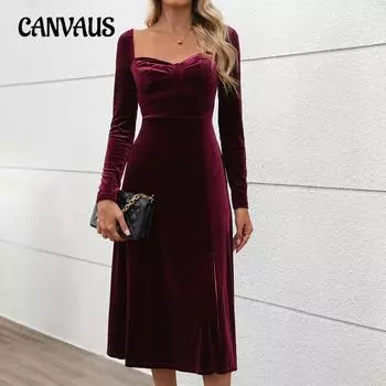 Женские платья для вечеринок на осень и зиму из бархата, длинные платья, платья с разрезом S бордовый