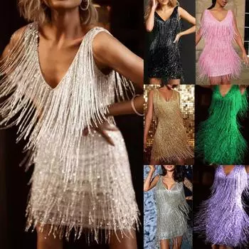 Женские платья для выпускного вечера с кисточками и V-образным вырезом, короткое тонкое облегающее мини-платье без рукавов XL чёрный