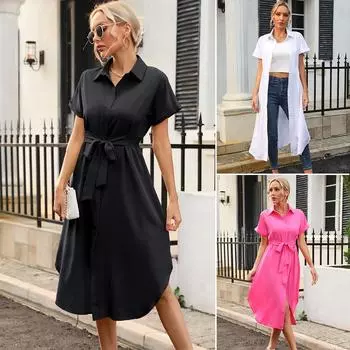 Женские платья для женщин, летнее платье с коротким рукавом, женские повседневные платья, блузки с лацканами, платья S розы красного