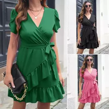 Женские платья для женщин Платье Летнее платье с рюшами и V-образным вырезом Женское платье на шнуровке Женские повседневные платья Милое платье Праздничные платья S розы красного