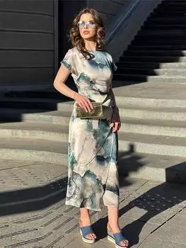 Женские платья до середины икры с принтом тай-дай и круглым вырезом с короткими рукавами, весна-лето, винтажный женский халат M синий