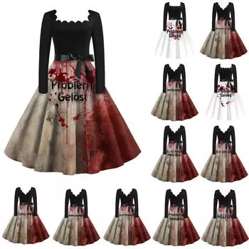 Женские платья Хэллоуин принтованное платье с V-образным вырезом и длинными рукавами Повседневное винтажное коктейльное платье Вечернее платье А-силуэта XL