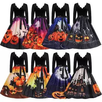 Женские платья Хэллоуин принтованное платье с V-образным вырезом на молнии с длинным рукавом Повседневное винтажное коктейльное платье Вечернее платье А-силуэта L чёрный