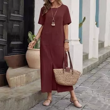 Женские платья из хлопка и льна однотонные свободного кроя с круглым вырезом и короткими рукавами XXXXXL