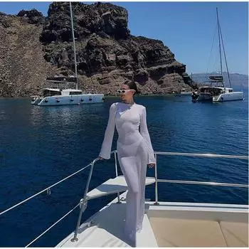 Женские платья-клеш с запахом, с длинным рукавом, круглым вырезом, прозрачным солнцезащитным кремом, однотонные, с открытой спиной, пляжное длинное платье-сарафан S белый