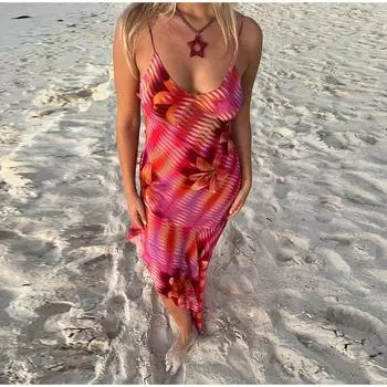 Женские платья-комбинации с открытой спиной и принтом в стиле ретро, романтическое платье с неровным подолом и оборками по краям, сексуальное летнее длинное платье на подтяжках XS красный